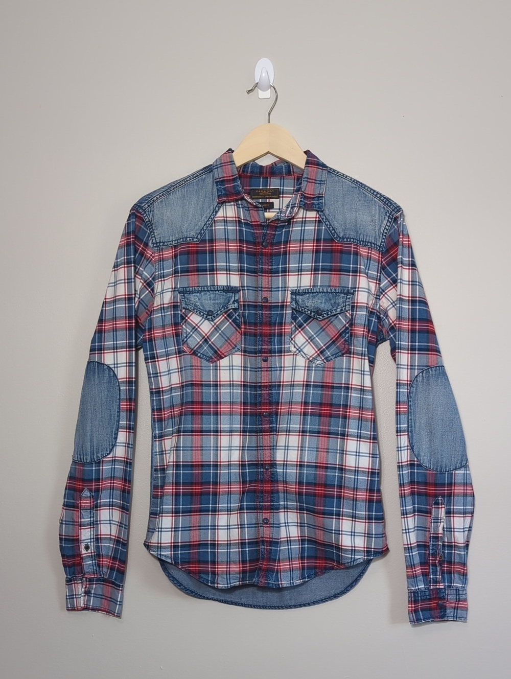 Zara Man‎ Slim Fit Plaid Button-Up Shirt Denim Red White Blue 4th of July SM/MED - Picture 2 of 16